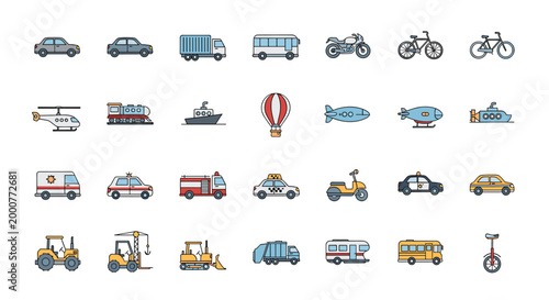 A comprehensive collection of diverse transportation icons, featuring cars, trucks, buses, motorcycles, bicycles, trains, boats, aircraft, and emergency vehicles.