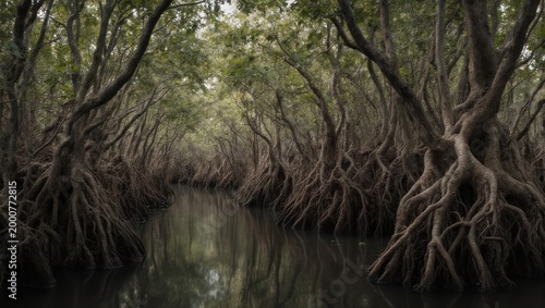 Dense Mangrove Forest with Intertwined Roots and Waterway.