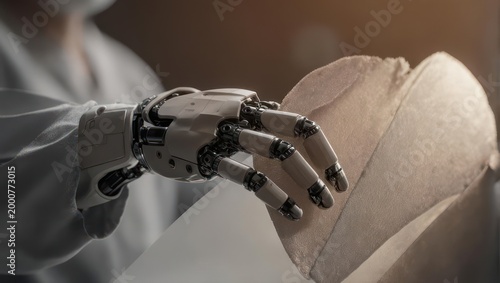 Detailed view of a futuristic robotic prosthetic hand holding an object.