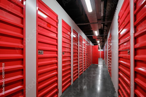 Storage corridor warehouse. Storage corridor warehouse with open door. Self storage facility, red metal doors. Moving, organizing, storage concept.  Selective focus