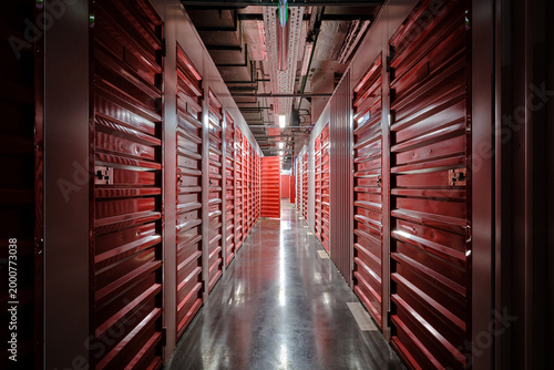 Storage corridor warehouse with open door. Self storage facility, red metal. Moving, organizing, storage concept. Storage corridor warehouse.  Selective focus