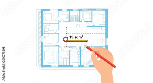 Blueprint for a 15 sqm room, house plan, hand with pencil