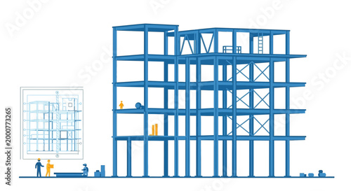 Building Construction: Steel Frame Structure and Blueprint