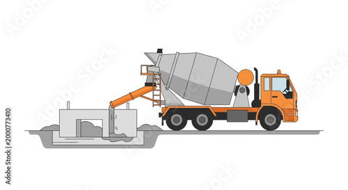 Concrete Mixer Truck Pouring Cement into Foundation