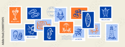 Vintage summer Italian Mediterranean coastal postage stamp set. Hand drawn vector illustration. Amalfi crayon sketch beach vacation design.
