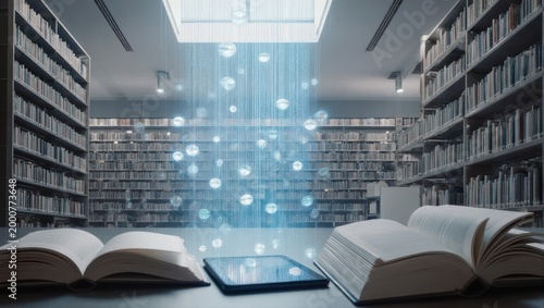 Digital Library - Books, Tablet, and Data Stream in Modern Space.