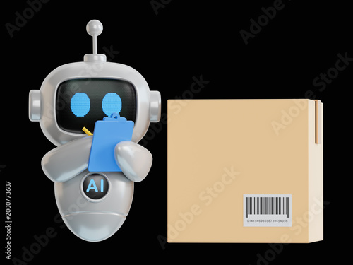 3D illustration of ai robot with clipboard and boxes. 3D rendering on black Screen for footage and clipping path.