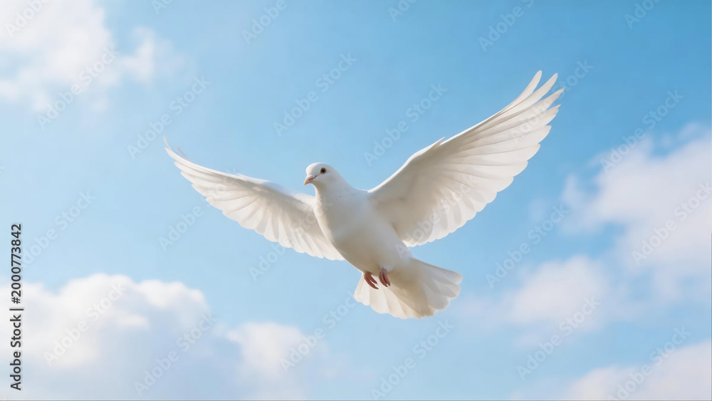 Obraz premium Close-Up of White Dove in Flight with Soft Blue Sky Background