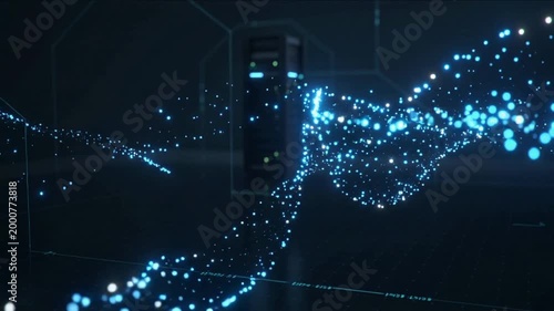 Abstract Blue Digital Wave Of Glowing Particles Flowing Through Dark Futuristic Server Room With Neon Grid Lines