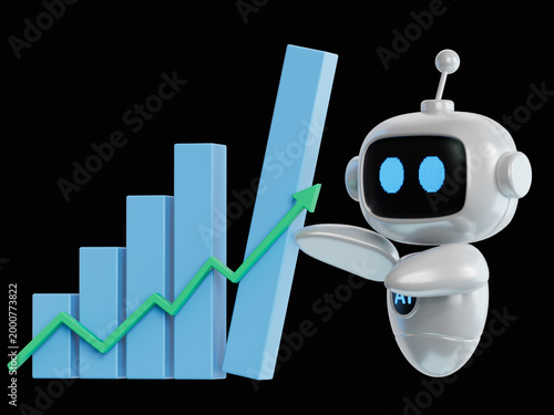 3D illustration of ai robot , person and business success and growth concept . 3D rendering on black Screen for footage and clipping path.