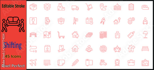 Shifting & Relocation 45 Icons Pack, Editable Stroke - Modern Moving, Delivery, Logistics, and Home Transfer Services Icon Set