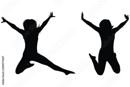 Two joyful people jumping silhouette against a white background expressing freedom and happiness