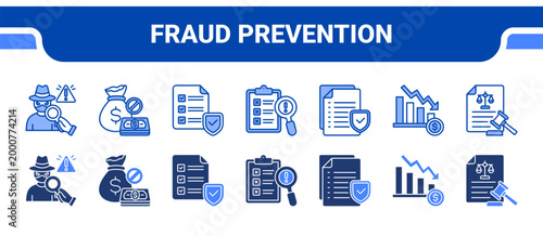 Fraud Prevention Icon Collection,  featuring Fraud Detection, Anti Money Laundry, Compliance Check, Risk Detection, Security Audit, Financial Loss, Lawsuit.