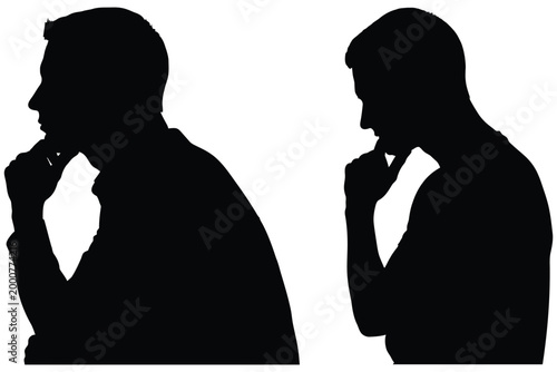 Two male silhouettes in profile thinking with hands to chin on white background