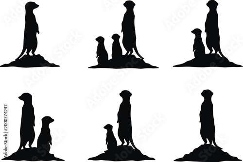 Canvastavla Meerkat silhouette collection with standing family poses on mounds, black wildlife animal icons set isolated on white background, cad drawing flat vector illustration