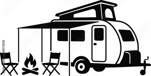 Car vector illustrator camping trailer illustration with campfire and chairs