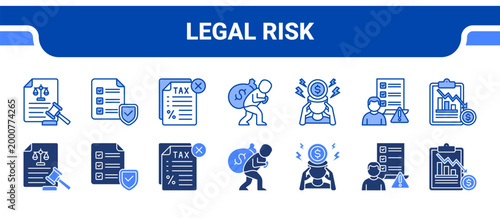 Legal Risk Icon Collection,  featuring Lawsuit, Compliance Check, Tax Problem, Debt, Financial Stress, Risk Assessment, Insolvency.