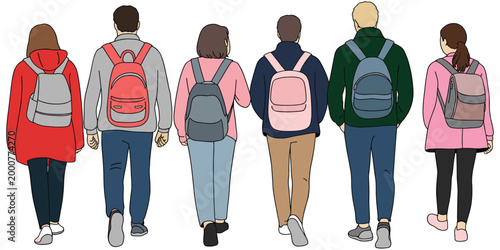 Group of six people walking with backpacks, casual clothing diversity, student commuter lifestyle artwork design concept illustration, flat vector illustration