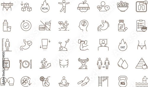 Losing Weight editable stock outline icon set. Diet, weight loss, nutrition, and more.