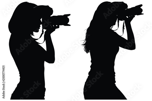Silhouette of two women photographers taking pictures with dslr cameras on white background