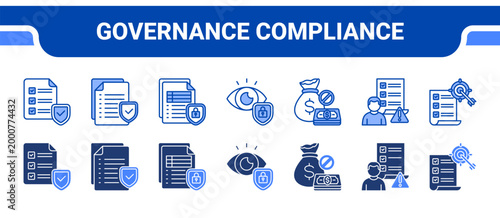 Governance Compliance Icon Collection,  featuring Compliance Check, Security Audit, Data Protection, Privacy Guard, Anti Money Laundry, Risk Assessment, Strategy.