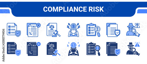 Compliance Risk Icon Collection,  featuring Compliance Check, Tax Problem, Lawsuit, Financial Stress, Risk Detection, Security Audit, Fraud Detection.