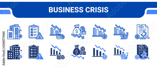 Business Crisis Icon Collection,  featuring Business Failure, Project Failure, Market Loss, Profit Drop, Financial Loss, Slow Economy, Bankruptcy.
