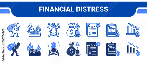 Financial Distress Icon Collection,  featuring Debt, Cash Burn, Financial Stress, Budget Risk, Tax Problem, Insolvency, Financial Loss.