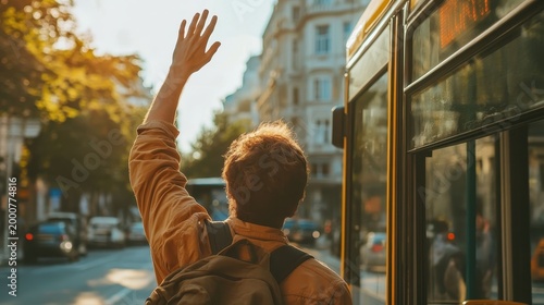Young person waving goodbye at bus stop during golden hour sunset