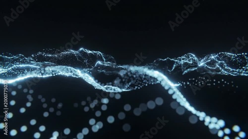 Abstract Flowing Blue Digital Particles With Glowing Lights On Dark Background