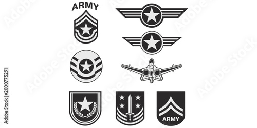Military insignia collection illustration, army and air force artwork, rank badge design concept scene, aviation symbol representation, flat vector illustration