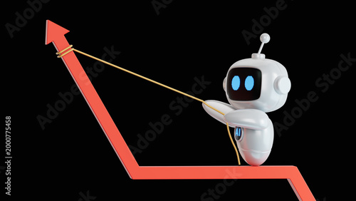 Canvastavla 3D illustration of ai robot   pulling arrow graph chart up with a rope