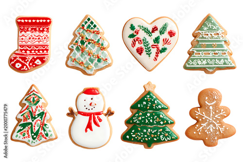 Set of Decorative Christmas Gingerbread Cookies, isolated on a transparent background.