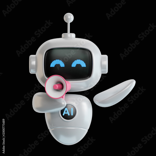 3D illustration of ai robot talking in megaphone and pointing up, announcing discount promo,AI robot business Concept.3D rendering on black Screen for footage and clipping path.