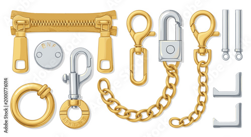 Foto Bag and Jewelry Hardware Accessory Set with Gold Zipper, Clasps, Chain, Padlock