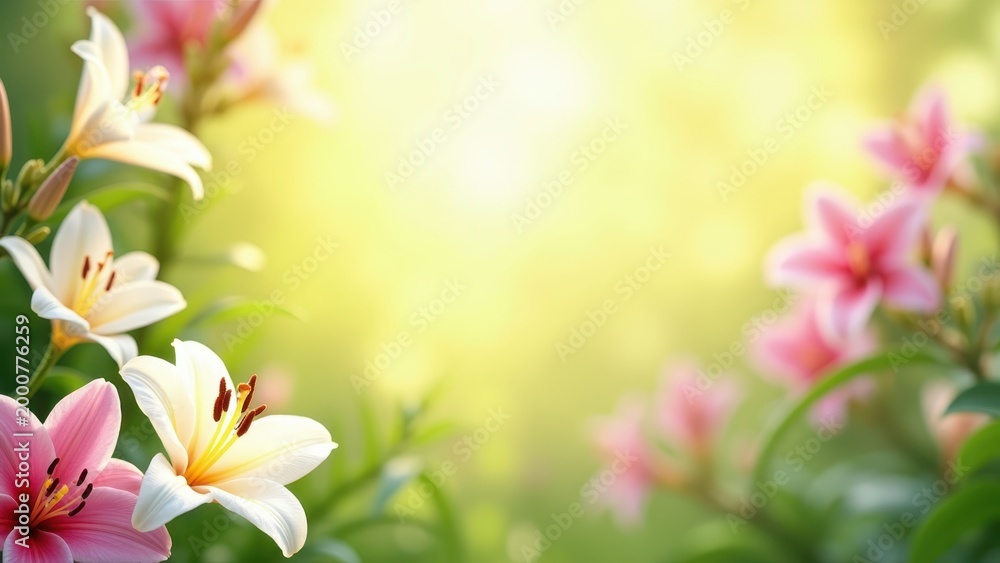 Fototapeta premium Vibrant spring summer decorative frame mockup with white lilies pink orchids and tropical foliage gently swaying in soft breeze