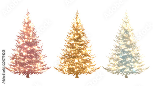 Set of Frosted Holiday Trees with Vibrant Light Garlands, isolated on a transparent background.