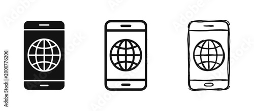 Canvastavla Global Mobile Communication Icon Set - Smartphone with World Globe in Solid, Out