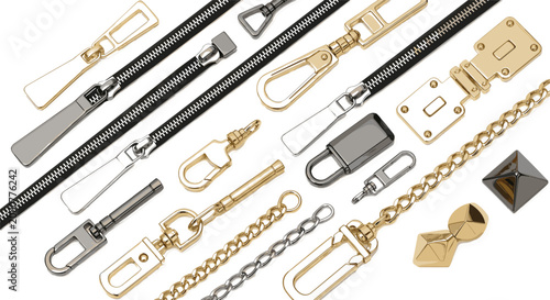 
Bag Hardware Accessories Set with Gold and Silver Clasps, Chain Straps, Zipper Pulls, and Hooks for Fashion and Leather Goods Designs
Bag Hardware Accessories Set with Gold and Silver 