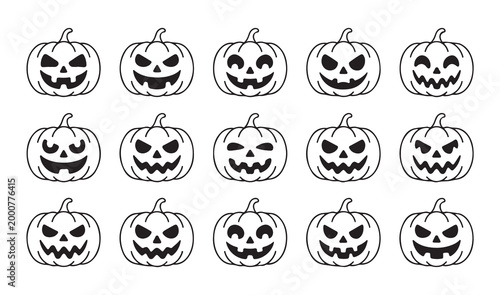Halloween jack o lantern pumpkin icon set with spooky carved faces for autumn holiday celebration designs.