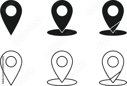 Minimalist Map Pin and Location Icon Set Featuring Solid and Outline GPS Navigation Markers for Travel Mapping and Web Interface Design Projects.