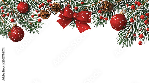 Christmas Fir Branches Frame with Red Berries and Pine Cones, isolated on a transparent background.