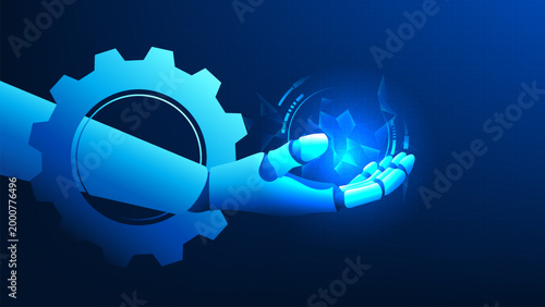 Technology background featuring a robotic hand emerging from a gear, representing AI-driven automation, intelligent systems, industrial innovation, machine control, and technology-powered processes.