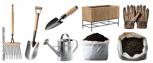 Set of planting farming gardening material checklist kit equipment, rake fork shovel trowel spade, soil fertiliser compost, garden bed, watering can, glove, transparent cutout PNG mockup