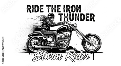 Skeleton biker riding a motorcycle with text.