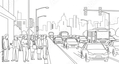 Sketch of a Busy City Street with Traffic and Pedestrians.