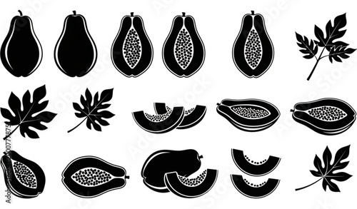 Minimal black papaya fruit silhouettes with tropical botanical vector elements