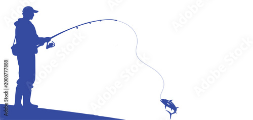 Vector silhouette illustration of a fisherman successfully catching a fish