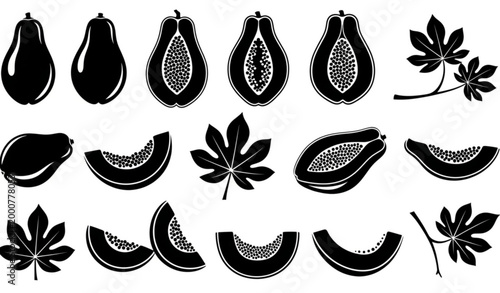 Tropical papaya silhouette icons collection in black and white vector illustration style