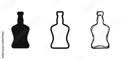 Liquor and Whiskey Bottle Icon Set in Solid, Outline, and Hand-Drawn Styles